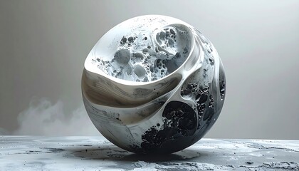 A digitally rendered sphere with a complex, textured surface, featuring swirling voids and varied tones of gray and white. A cloudy background