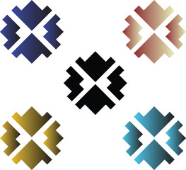 A set of five abstract geometric icons featuring arrow-like segments arranged in symmetrical circular patterns. Each variant showcases unique color gradients and clean vector styling.