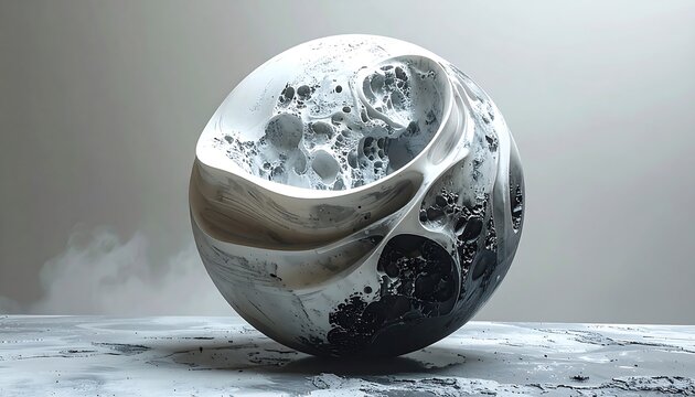 A digitally rendered sphere with a complex, textured surface, featuring swirling voids and varied tones of gray and white. A cloudy background