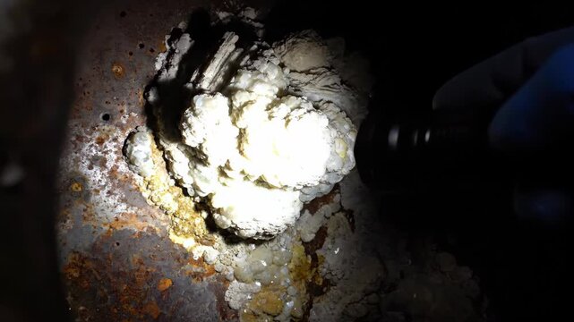 Inspection of dirty corroded pipe interior with flashlight detail
