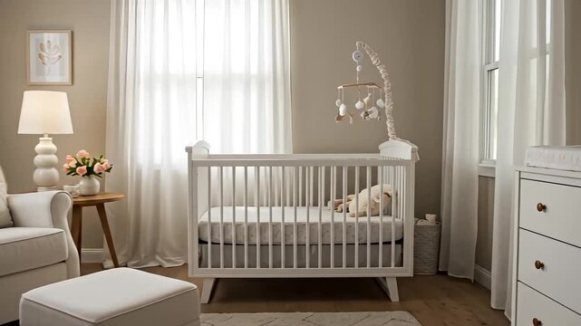 Modern sunlit baby nursery in a Scandinavian style with neutral beige and white colors representing a calm and prepared home for a newborn