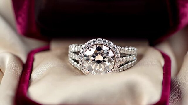 Close-up of ring box opening to reveal diamond ring with intricate band design jewelry unboxing luxury engagement gift presentation sparkling gemstone on soft fabric inside box variations