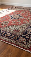 Elegant Persian Rug on Hardwood Floor with Sunlight.