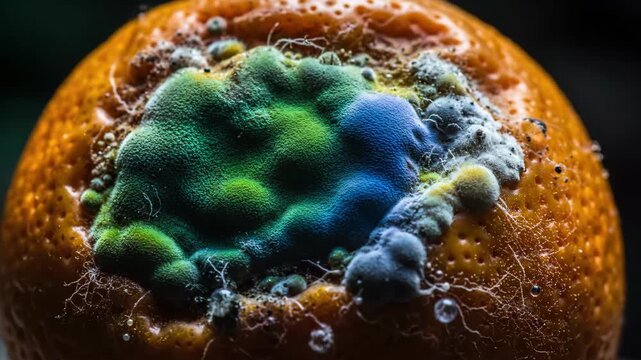 Close-up of a decaying orange showing signs of mold and decomposition