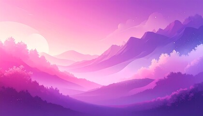 A dreamy landscape of majestic purple mountains and soft pink clouds at sunset, with a glimpse of a pastel-colored sun