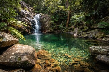 Obraz premium Tranquil waterfall pool in a lush forest (1)