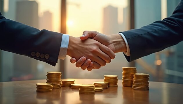 Two business people shake hands over stacks of gold coins. Blurred city background suggests a real estate or construction deal. Agreement reached, prosperity implied.