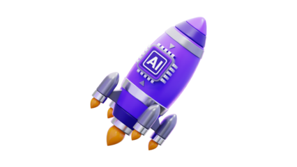 Futuristic purple rocket ship with AI technology symbol.
