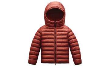 Red puffer jacket with hood, zipper closed, isolated on black backdrop