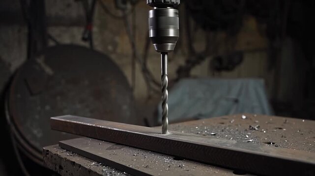 Metal drill machine drilling steel plate in workshop close up view industrial work process tool operation metalworking activity factory background