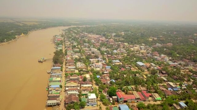  Futuristic aerial view panorama of developing Yangon city , Aerial view of Sule pagoda in downtown, Yangon, Myanmar. Sule Pagoda located in the heart of Yangon, Karaweik royal barge, Kandawgyi Lake, 