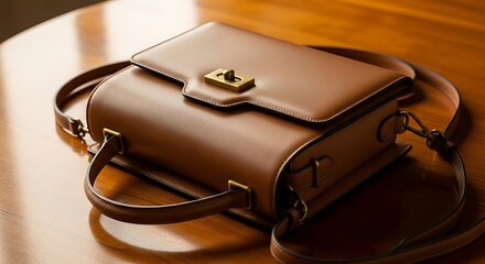 Elegant Brown Leather Briefcase on Wooden Table Surface.
