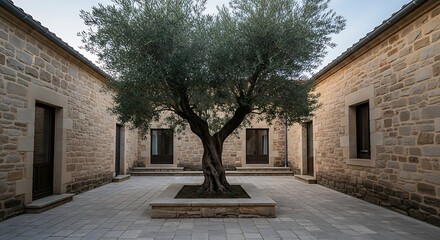 Olive Tree in Stone Courtyard - A Mediterranean Oasis of Tranquility.
