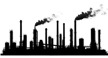 Fototapeta premium Dramatic silhouette of a refinery with smoke billowing creating a sense of industrial power and environmental impact on a stark white backdrop