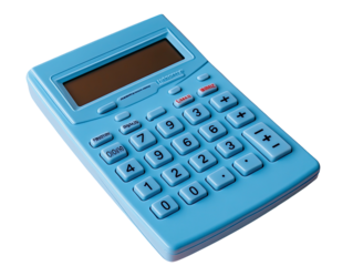 Sky-blue calculator with a brown screen and white digits