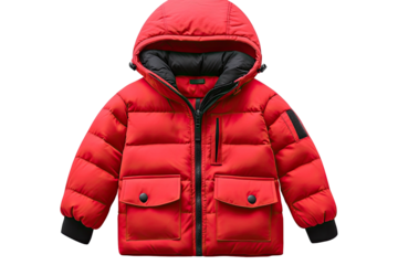 Puffy red winter jacket with hood, pockets, and black details