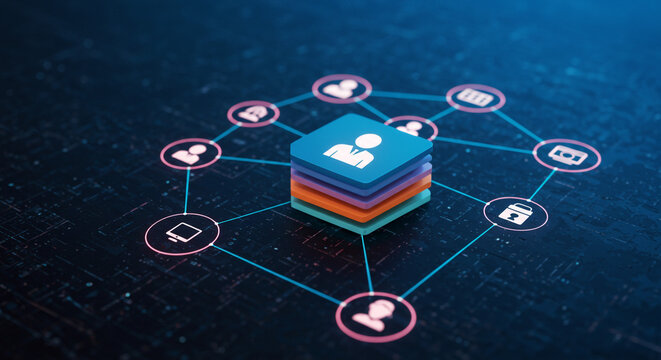 Elegant network connecting user profiles with secure data, providing seamless connectivity across platforms in a modern digital landscape for business