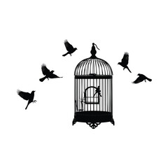 Birds flying around a birdcage silhouette on white freedom vintage black animal symbol escape release liberation wildlife ornate
