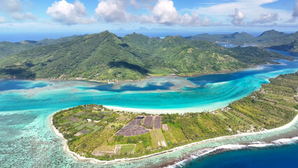 Luxury resort photo of Bora Bora tropical paradise islands. Coral reef, azure ocean, mountain, 
sky...