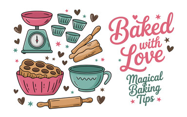 Vector art of baked with love baking tools and lettering
