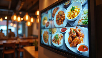 Fototapeta premium Digital screen in restaurant shows appetizing food pictures. Customers see meal choices on display. Modern eatery interior with bright lights and tables. Modern tech aids ordering.