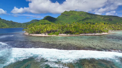 Luxury resort photo of Bora Bora tropical paradise islands
with palm trees. Aerial 
perspective...