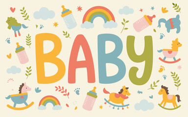 Vector art of cute baby shower card with rocking horses and rainbow
