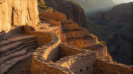 Close-up of layered stone walls with visible erosion lines, deep shadows and warm highlights, textures of ancient desert rock, artistic geological abstraction