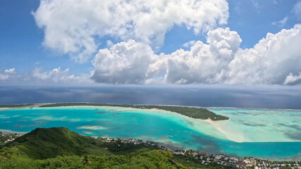 Luxury resort photo of Bora Bora tropical paradise islands. Coral reef, azure ocean, mountain, 
sky...