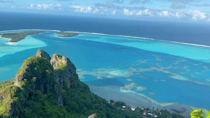 Luxury resort photo of Bora Bora tropical paradise islands. Coral reef, azure ocean, mountain, 
sky...
