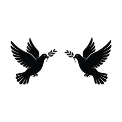 Two Doves with Olive Branch Silhouette peace bird symbol flight flying vector illustration hope freedom white black animal nature
