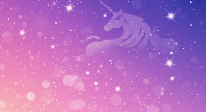 Enchanting unicorn silhouette against a dreamy purple and pink bokeh sky with sparkling stars and magical glitter effects - Powered by Adobe