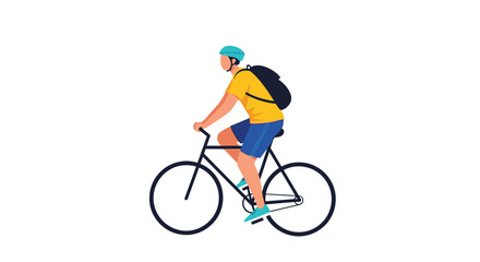 Fototapeta premium A man in a yellow shirt and blue shorts rides a bicycle wearing a helmet and backpack.