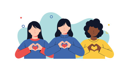 Diverse women show their love by making heart shapes with their hands.