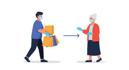 Obraz premium Delivery person wearing mask and gloves handing shopping bags to an elderly woman.