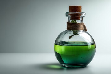 Mysterious Green Potion in Glass Bottle: A mystical elixir in an elegant glass bottle, perfect for fantasy themes.