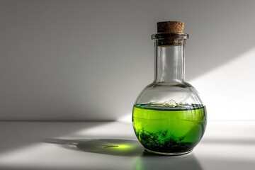 A mesmerizing green potion in a glass bottle with a cork stopper sits on a white surface, bathed in sunlight.
