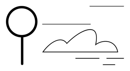 Magnifying glass and stylized cloud with linear accents suggesting speed, simplicity, and technology. Ideal for search, cloud computing, internet, data, navigation innovation digital tools. Simple