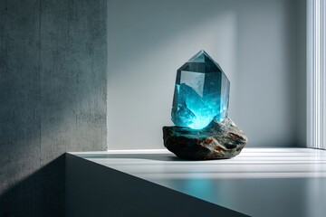 Illuminated Teal Crystal on a Rock: Modern Minimalist Home Decor