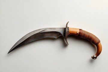 A curved karambit knife with a wooden and rattan handle rests against a clean white backdrop.