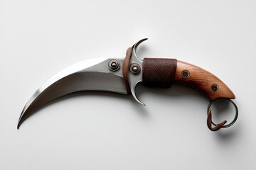 A meticulously crafted karambit knife with a curved blade, showcased against a stark white backdrop.