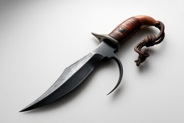 A meticulously handcrafted hunting knife with a curved blade and a rich brown wooden handle, displayed against a clean gray backdrop.