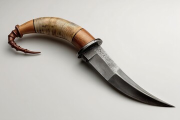 A close-up view of a meticulously crafted custom knife with a curved blade and a handle made from wood, horn, and ivory.