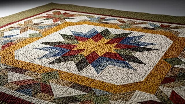 Detailed Close Up Of A Textured Colorful Quilt Featuring A Central Star Pattern In Warm Golden Yellow Red Blue And Green Hues Illuminated By Soft Studio Lighting