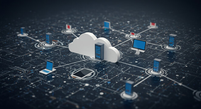 Dynamic cloud computing network connecting servers, laptops, and devices, symbolizing digital transformation and data flow in a futuristic cityscape