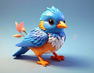 A stylized, cartoon-like bird with vibrant blue, orange, and white feathers and a peach-colored flower branch detail. It poses on a gradient background