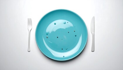 A cyan-colored plate sits centered with a fork and knife. Tiny brown and blue dots adorn the plate surface. A simple, clean, overhead shot