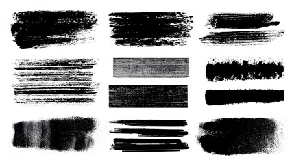 Set of bold dried brush strokes isolated on white, including grunge acrylic textures, hand-drawn thick lines, rectangles, banners, sketchy horizontal strokes, black ink traces, and stencil silhouettes
