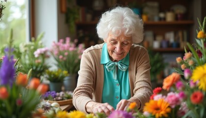 Elderly woman smiles arranging colorful bouquet of flowers at table. Surrounded by vibrant blooms, focused on creative floral hobby. Senior woman enjoys gardening, crafting beautiful arrangements.