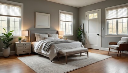 Fototapeta premium Modern bedroom with king size bed, nightstand, dresser and armchair. Neutral color palette with gray walls and white linens. Natural light enters through large windows.